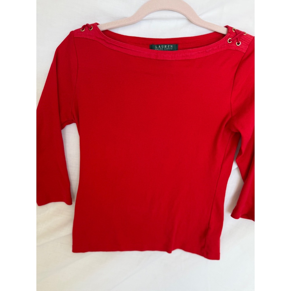 Lauren Ralph Lauren Red Boat Neck 3/4 Sleeve Lace Up Shoulder Top Womens
